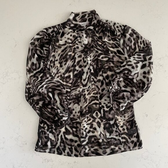 Jennifer Lopez Pull On Sheer 3/4 Sleeve Animal Print Blouse Black Grey Sz S - Picture 9 of 15